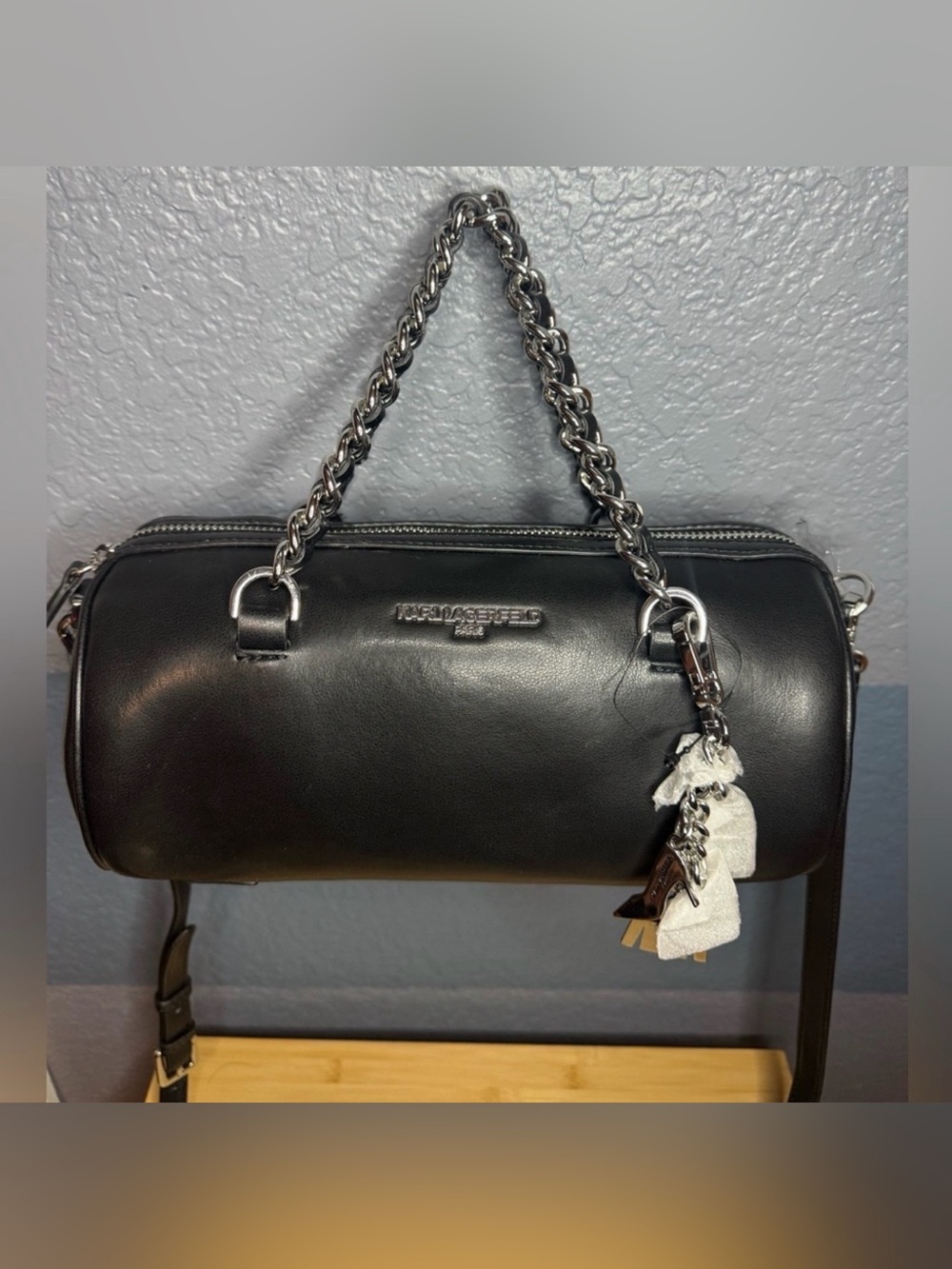 Karl Lagerfeld Paris Delaine Leather Barrel Bag with bag charm - Picture 1 of 5